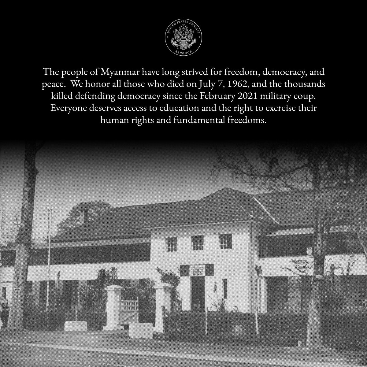 1/ The people of Myanmar have long strived for freedom, democracy, and peace. We honor all those who died on July 7, 1962, and the thousands killed defending democracy since the February 2021 military coup.