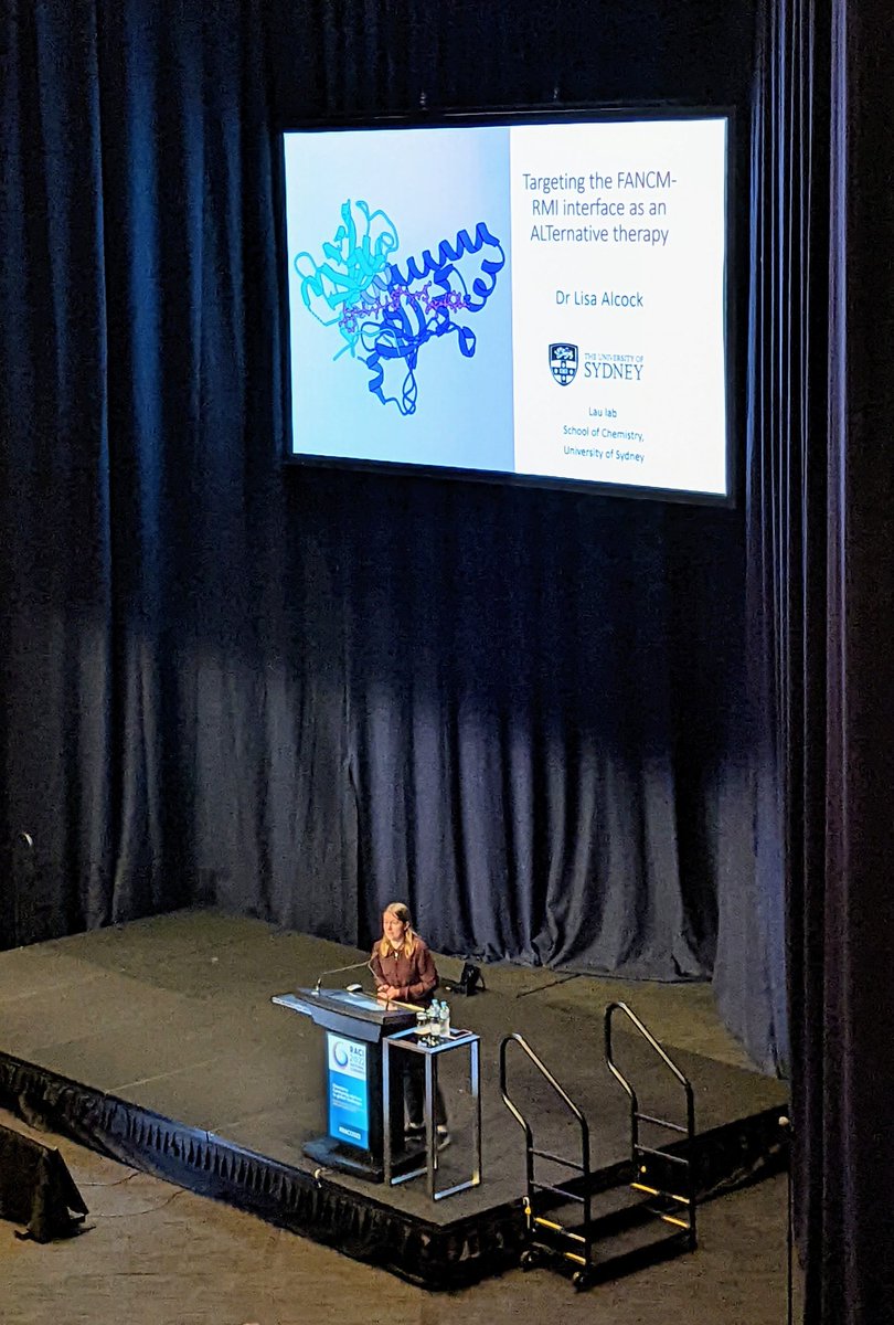 YuHengLau's tweet photo. Our powerhouse postdoc @SydneyChemistry Lisa Alcock representing the lab at the #RACI2022 medchem-chembio symposium, talking about macrocyclic peptides against protein-protein interactions at telomeres involved in cancer #HaltTheALT https://t.co/YBKGOV94R8