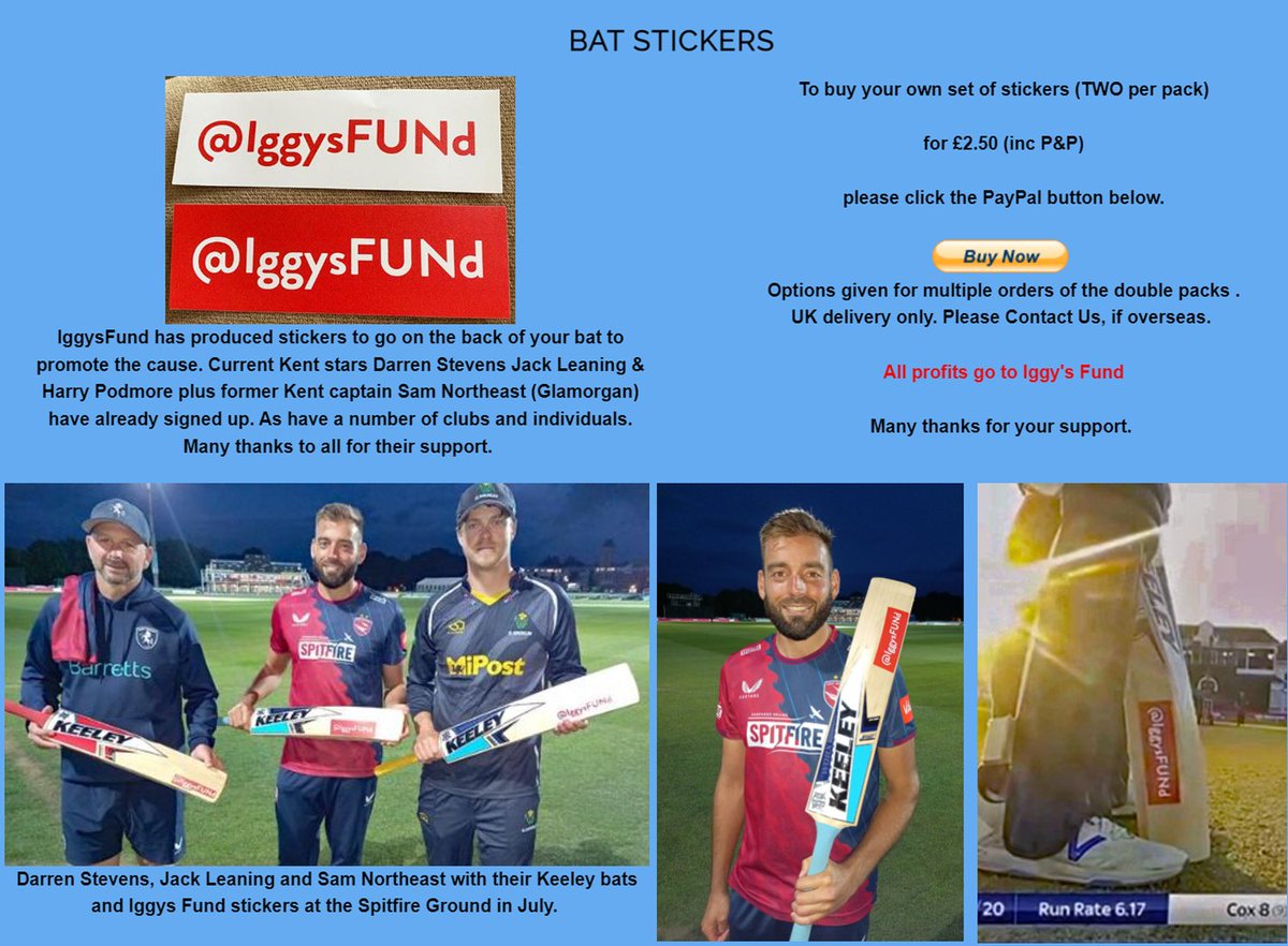 Jarmageddon's tweet photo. Buy your @IggysFund bat stickers at https://t.co/6BQ5UiT1wA. £2.50 for two stickers. Follow the county pros and support Iggy's legacy. Why not kit out your cricket XI for £15? Please share any photos ... #BeFriendly https://t.co/c5uxLqZXKd