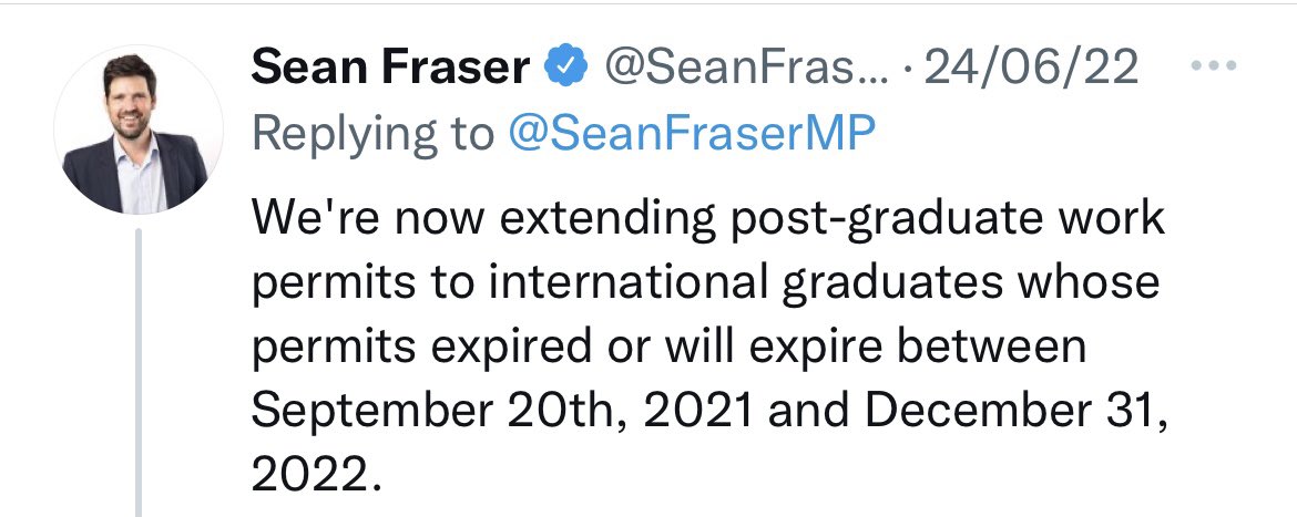 Harvind26818303's tweet photo. Now extending post-graduate work permits to international graduates whose permits expired or will expire between September 20th, 2021 and December 31, 2022. #Students #canada #update https://t.co/Zc0HzCtyuy