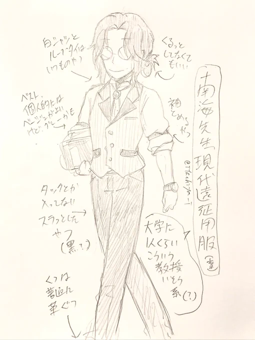 ゆる募
南海先生の現代遠征の私服

自分は、

・先生(職業としての)っぽいやつ

・普通に和装(着流しに靴とか軽めだけどオシャレなやつ)

・サルブラザーの私服みたいなの(金田一耕助感がある)

など、良いんじゃあないかなと思います 