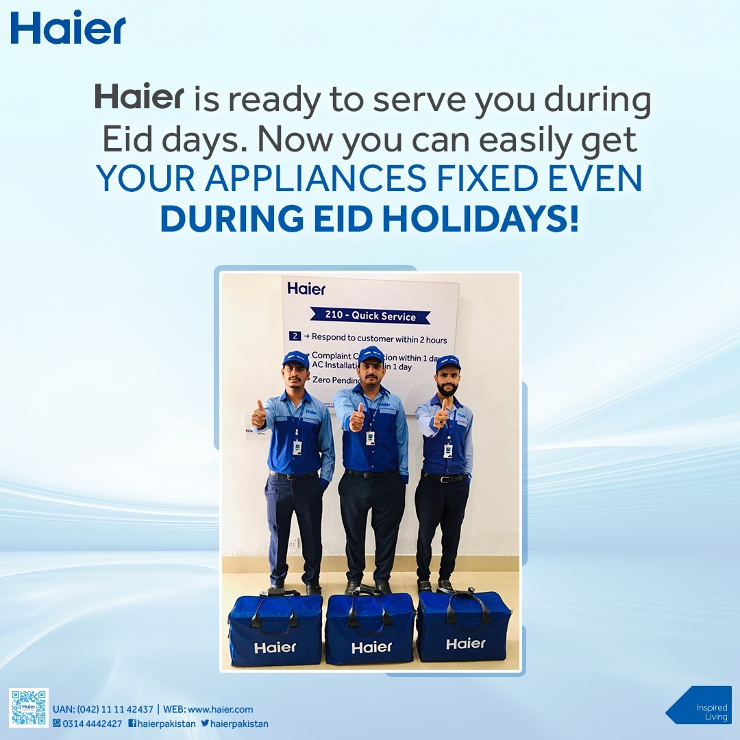 HaierPakistan's tweet photo. Haier is ready to serve you during Eid days! Now you can easily get your appliances fixed even during Eid holidays!

#Haier #InspiredLiving #SmartLiving #HaierCustomerService #EidAlAdha https://t.co/TDAN4vEXXc
