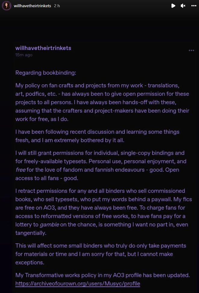 inkdrinkbindery's tweet photo. Per Musyc's statement, I will no longer be binding Bring Him to His Knees in coming commissions. She has given the ok for me to finish my current in-progress commissions to be finished but they will be my last. Authors should always have a say over their fics!💜 https://t.co/PFEJmrAOXy