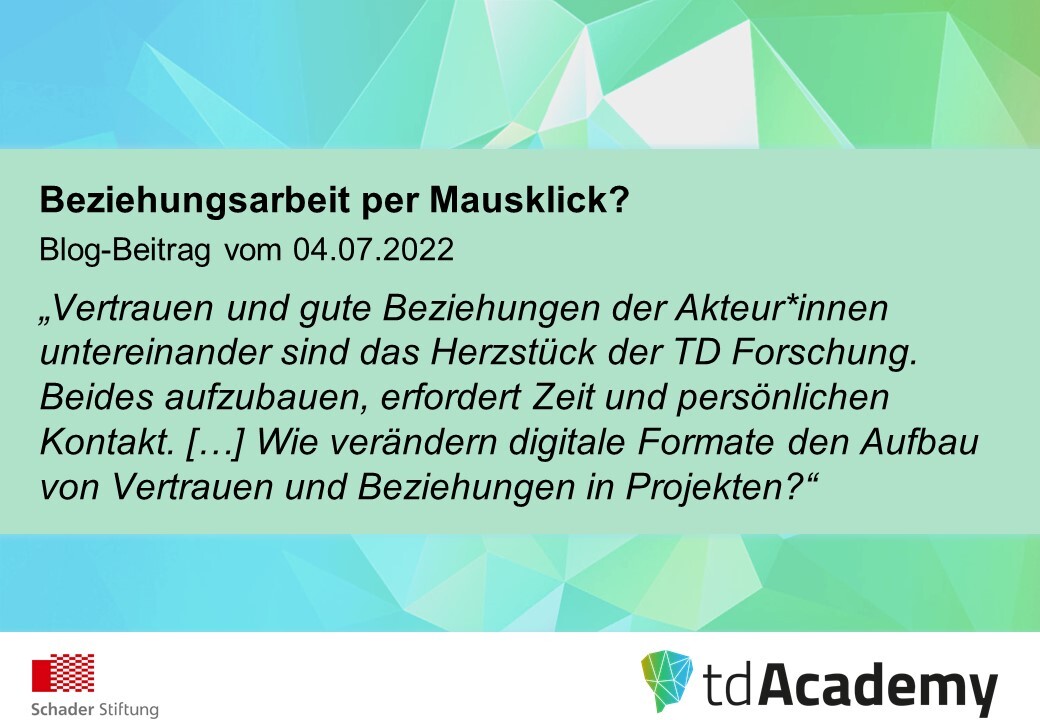 tdAcademy_org's tweet photo. Beziehungsarbeit per Mausklick?🤔 Susanne Mühlthaler & @DPMLam von der @tdAcademy_org adressieren in ihrem neuen Artikel im Blog der @schaderstiftung die Herausforderungen für #transdisziplinäre #Forschung im digitalen Raum.
Mehr unter 👉 https://t.co/Nn7PKwDKSm https://t.co/LJqmWphlUe
