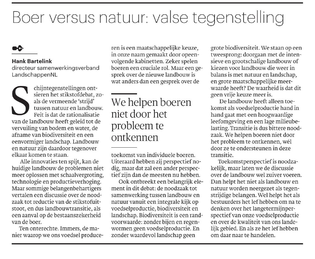 Vandaag staat onze ingezonden brief in <a href="/trouw/">Trouw</a>! Boer versus natuur: valse tegenstelling