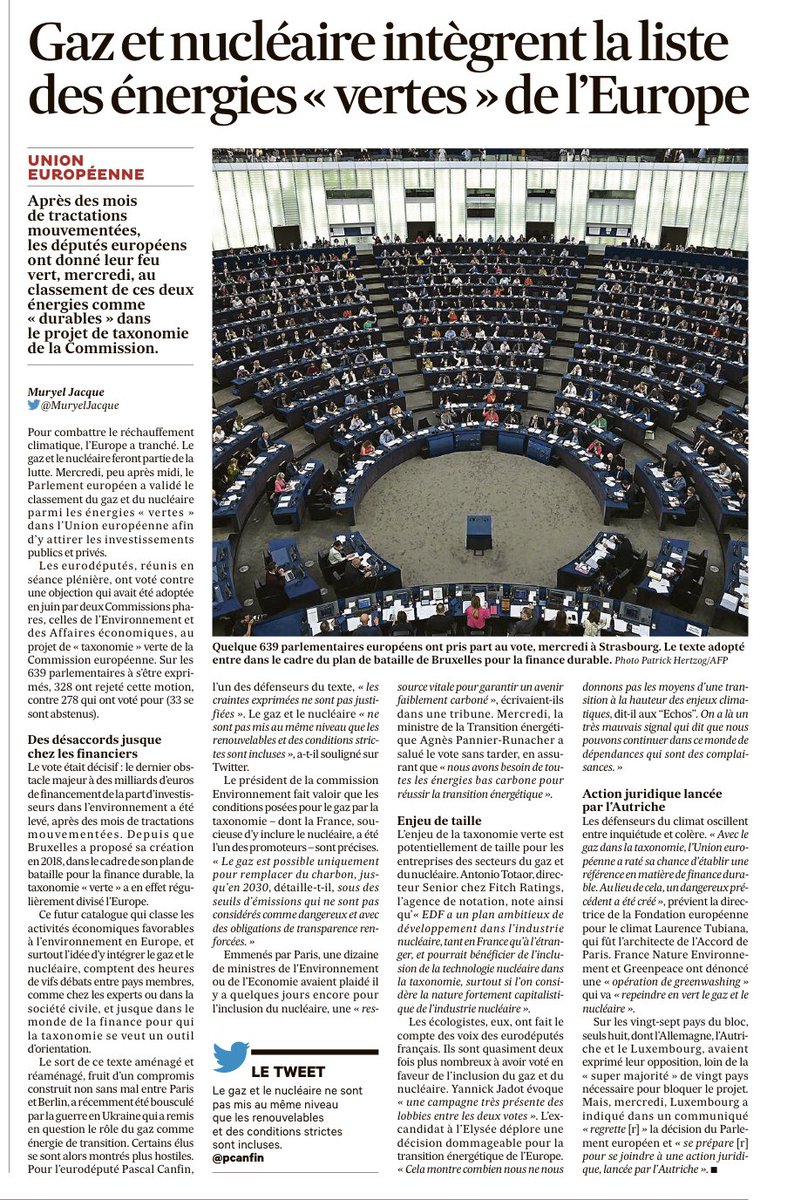 Cyrille20100's tweet photo. Après le vote du #ParlementEuropéen, le #nucleaire et le #gaz font partie de la #Taxonomie #verte qui sera déployée à partir du 01 janvier 2023 @Metalcfecgc @cthieffinne @thierryprefol @industriAll_EU https://t.co/u2LjFA0bUW