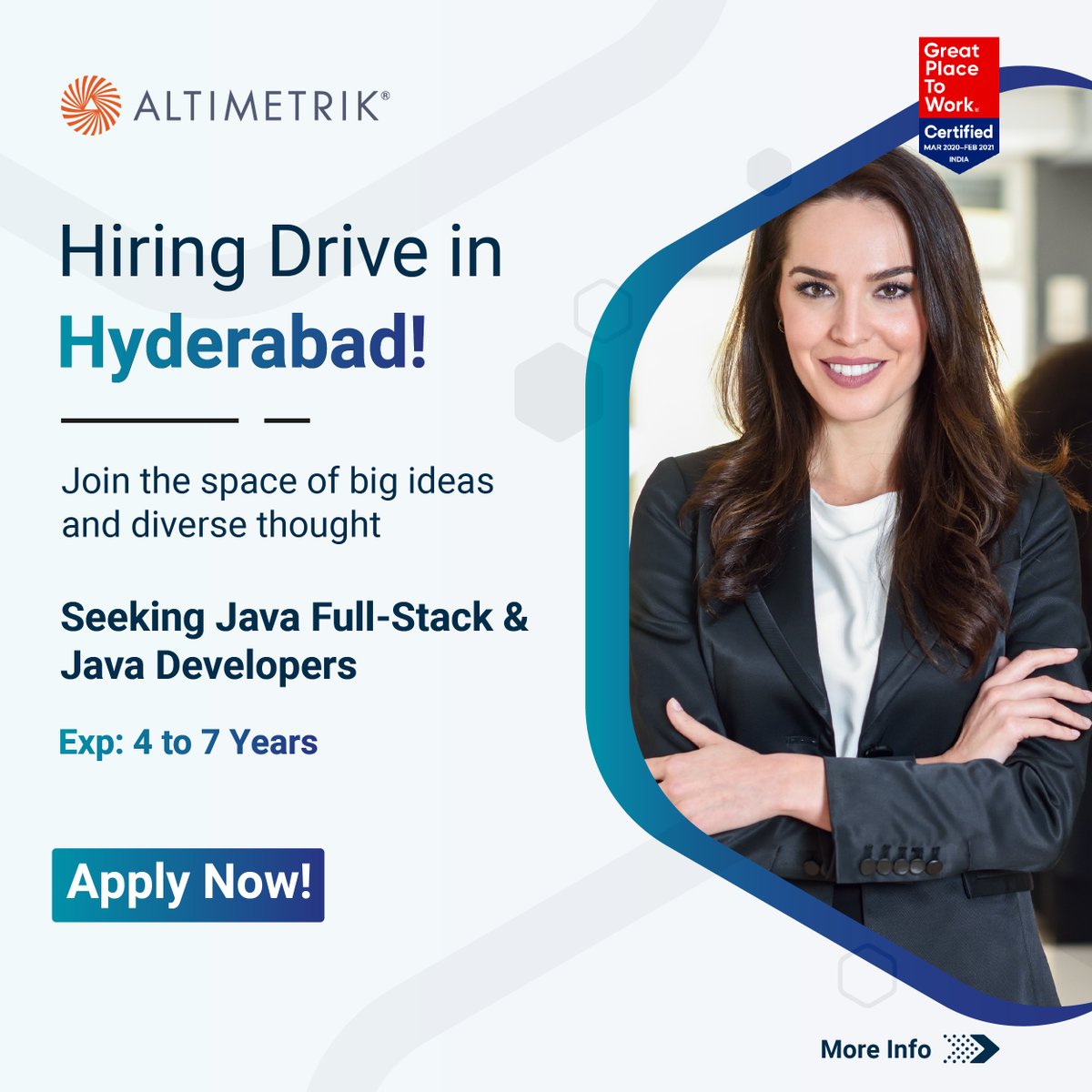 Altimetrik's tweet image. Calling out all #JavaDevs!
We are conducting a hiring drive on 9th July in Hyderabad. Interested ones can apply here: info.altimetrik.com/hyderabad-hiri…
Open positions are:
• Full Stack Developer ( Java Sprintboot+ NodeJs)
• Java Backend ( Java, Spring, Spring boot /Microservices)