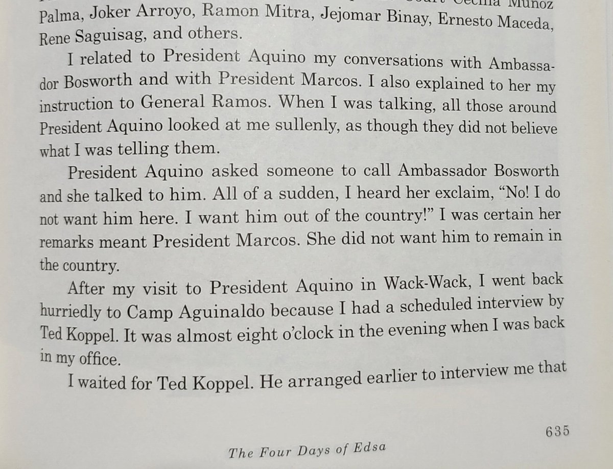 As recounted by JUAN PONCE ENRILE in his book, "A Memoir" (2012, p. 653), he himself heard Cory Aquino exclaiming, "No! I do not want him here. I want him out of the country!"

The "news" we heard in 1986: Marcos Sr. and family were eventually whisked away to Hawaii, USA.