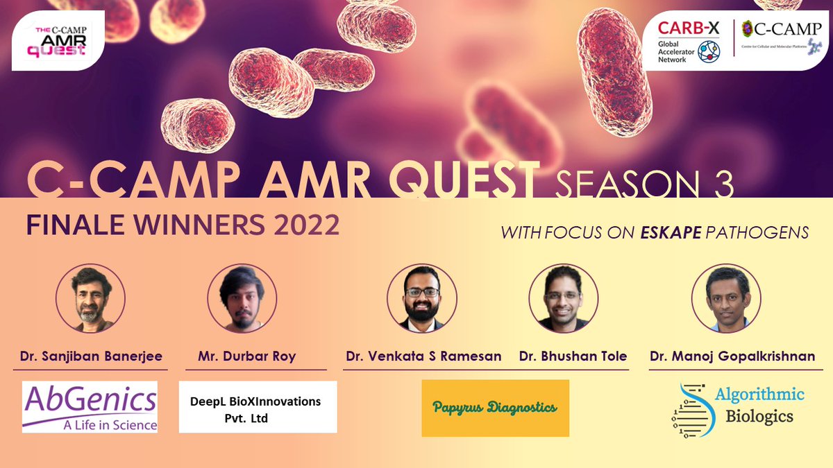 CCAMP_India's tweet photo. 4 Winners of CCAMP #AMRQuest 2022 across Diagnostics:

Dr Sanjiban Banerjee- #AbGenicsLifesciences

Dr Durbar Roy- #DeepLBioXInnovations

Dr @VenkataRamesan &amp; Dr @toleylab-#PapyrusDiagnostics

Dr Manoj G @manoj_333- #AlgorithmicBiologics

@CARB_X @Taslimarif

#IndiaFightAMR https://t.co/yfmVUdyvbO