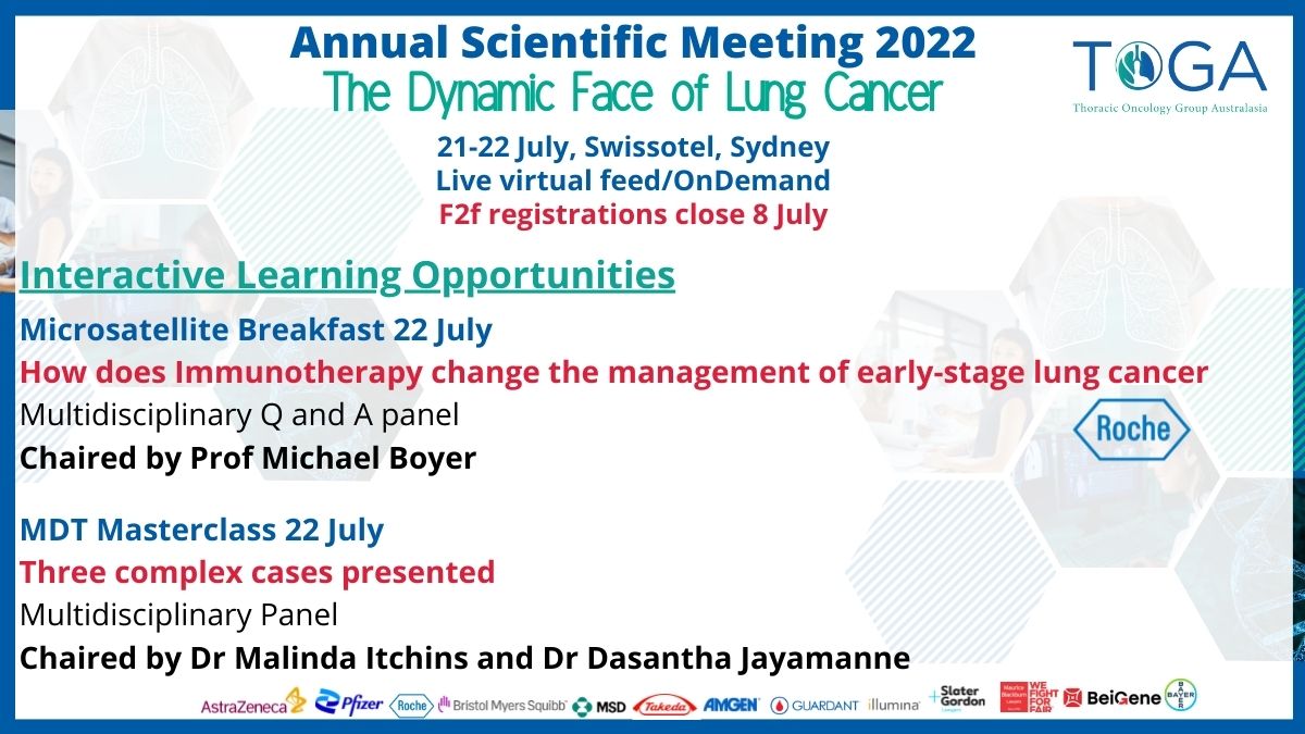 #TOGAASM21 incl great learning opportunities
Q&amp;A multidisciplinary panel chaired by <a href="/MichaelBoyer1/">Michael Boyer</a> discussing changes due to potential intro of IO in early-stage NSCLC
MDT Masterclass chaired by <a href="/Mal_Itchins/">Malinda Itchins</a> &amp; <a href="/DasanthaJ/">Dasantha Jayamanne | DJ |</a> discussing 3 cases
Register rb.gy/czwu6v
#LCSM