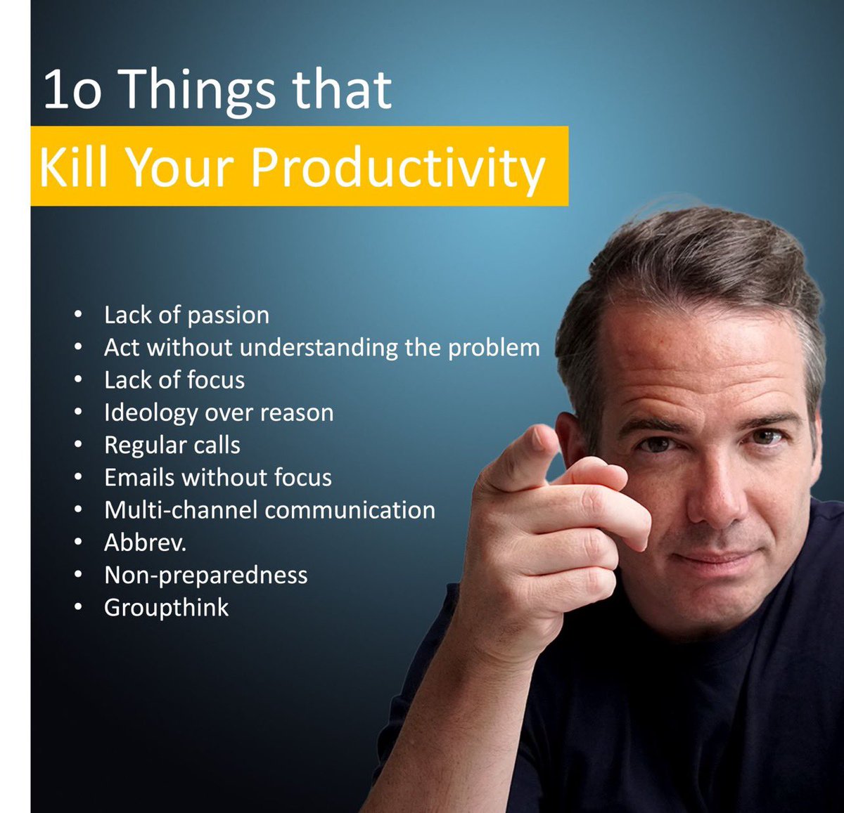 "Let`s have a regular call"
So many things stop people from being concentrated, focussed and passionate. Here are my top 10 productivity killers. What are yours?
#people #productivity #newwork