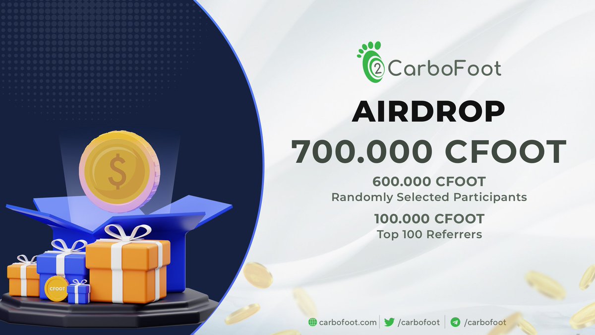 📣  #CarboFoot airdrop is online. 🎉
🚲 ♻️ ☀️ 🌱

💰Click the link below and complete the tasks.
t.me/CarboFootAirdr…

💰700.000 $CFOOT will be distrubuted.

#MovetoEarn #Airdrop
