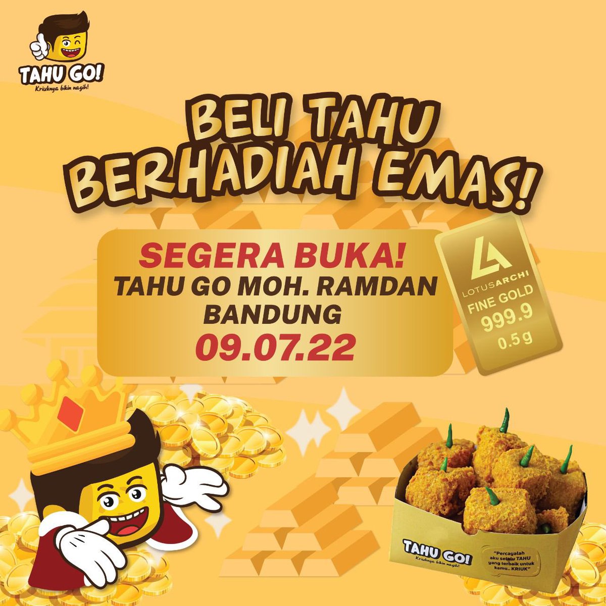 infobandung's tweet photo. BELI TAHU DAPET EMAS! DIMANA LAGI SELAIN DI TAHU GO?
Segera buka Tahu Go di Indomaret Moch Ramdan 39 dapatkan berbagai macam hadiah Emas 0.5 Gram, Ovo Rp 50.000, Free Tahu Go!
Khusus pembelian di outlet Tahu Go Rajawali. !
#Tahugo #Tahugoreng #Tahugobandung https://t.co/tek9R4cheT