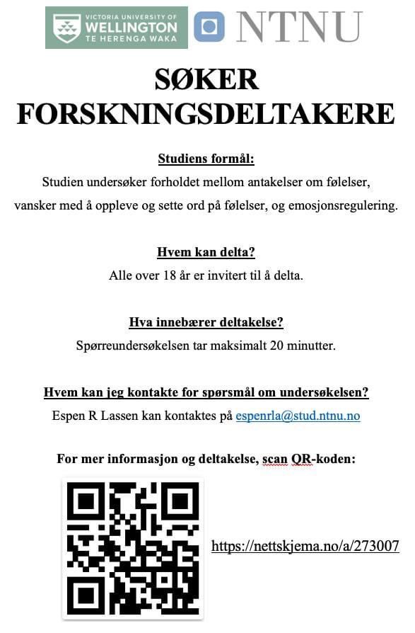 LassenEspen's tweet photo. Jeg jobber med et forskningsprosjekt om antakelser om, og regulering av, følelser. Håper dere vil delta. Dersom noen føler for retweet, blir jeg også veldig glad.

Alle over 18 år kan delta, og spørreskjemaet er helt anonymt. https://t.co/pLz9pMSfH4 https://t.co/VXxaZTVQYT