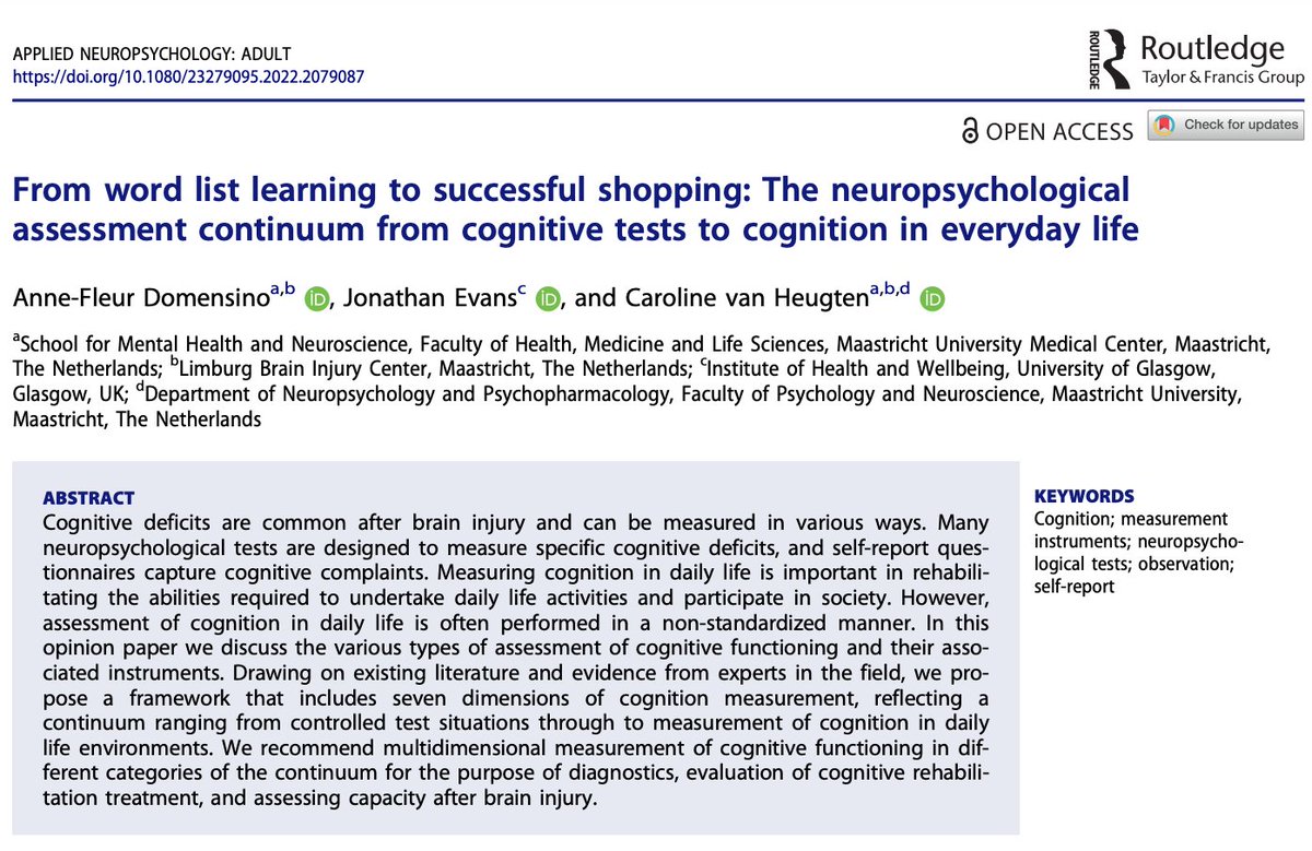 LimburgBrain's tweet photo. How to measure cognition after brain injury? @FleurDomensino, @jonathanjevans and Caroline van Heugten reviewed the literature and recommend multidimensional assessment: https://t.co/pDgg9neOxg https://t.co/gwEuPlySlF