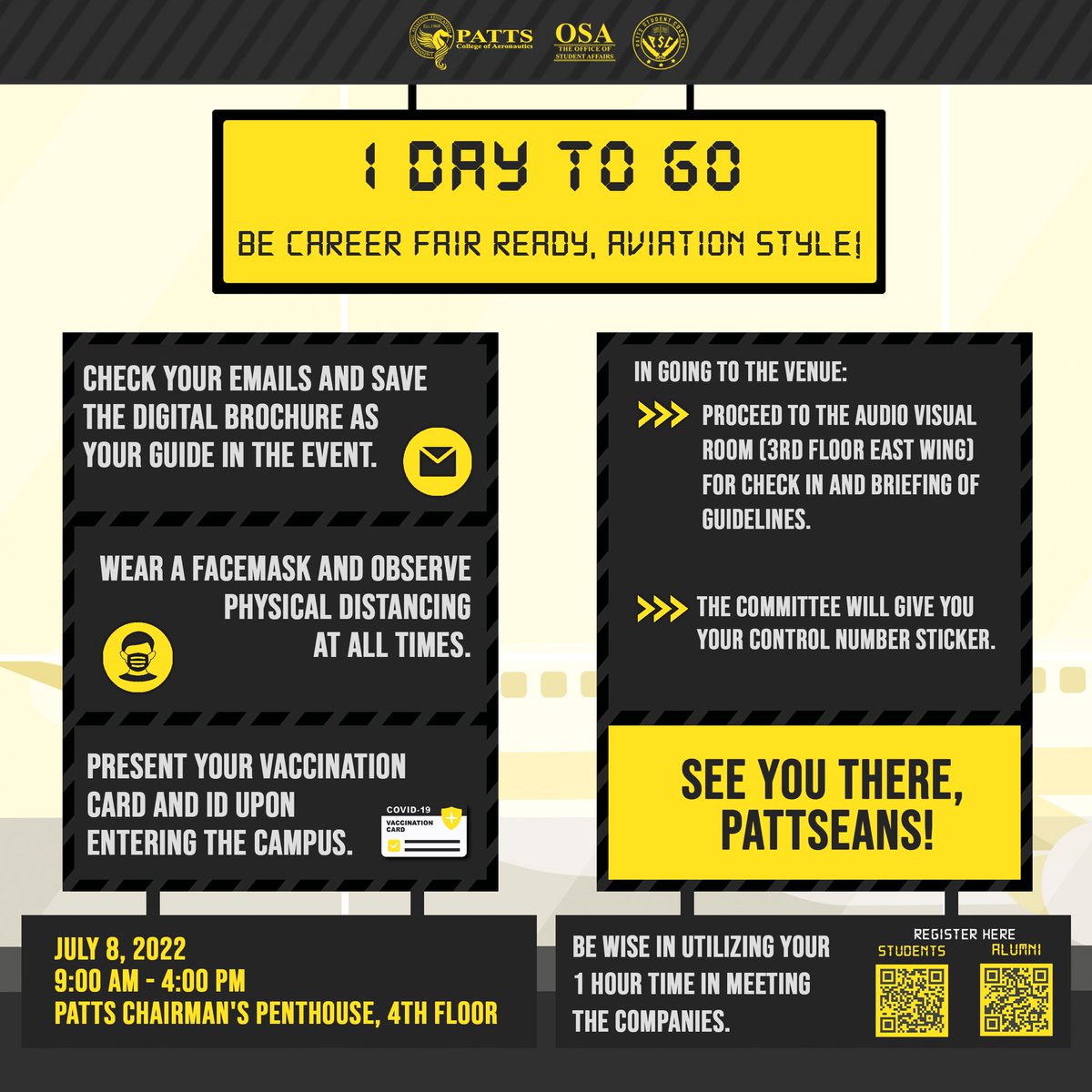 PSCPATTS's tweet photo. 𝟭 𝗱𝗮𝘆 𝗯𝗲𝗳𝗼𝗿𝗲 𝘁𝗵𝗲 𝗯𝗶𝗴 𝗲𝘃𝗲𝗻𝘁!

Do you have your resumes packed for tomorrow? 

Be sure to review these guidelines to ensure a safe and smooth flow of the event. 

𝗔𝗿𝗲 𝘆𝗼𝘂 𝗻𝗼𝘄 𝗖𝗮𝗿𝗲𝗲𝗿 𝗙𝗮𝗶𝗿-𝗲𝗮𝗱𝘆?

See you there, Aviation Leaders! https://t.co/Y3457QF2do