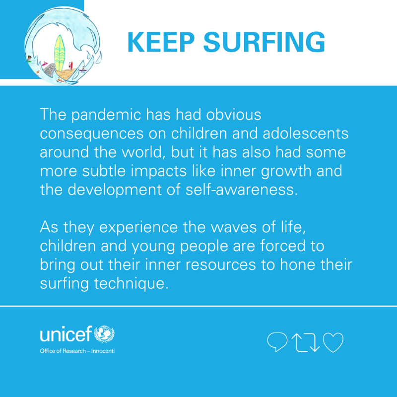 UNICEFInnocenti's tweet photo. 🏄‍♀️Children and young people have been learning to surf the #COVID19 wave that swept through their present lives &amp; visions of the future.  

Discover how their surfboards, techniques, and surf spots affect how they navigate this tidal wave in our report Life in Colours ⬇