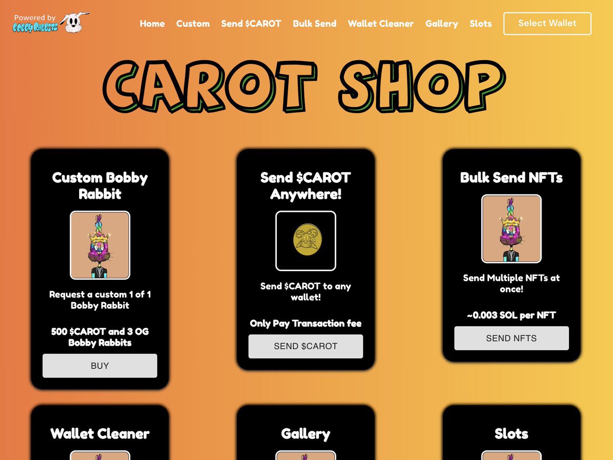 Buddy12654099's tweet photo. @BobbyRabbits' $CARROT store has a lot to offer!
I'm gonna go play some slots now!
Check it out guys!😉

https://t.co/5G9mxWQoeQ

#nft #nftart #solana #SolanaNFTs #magiceden #lfg https://t.co/NIC53sbV8w