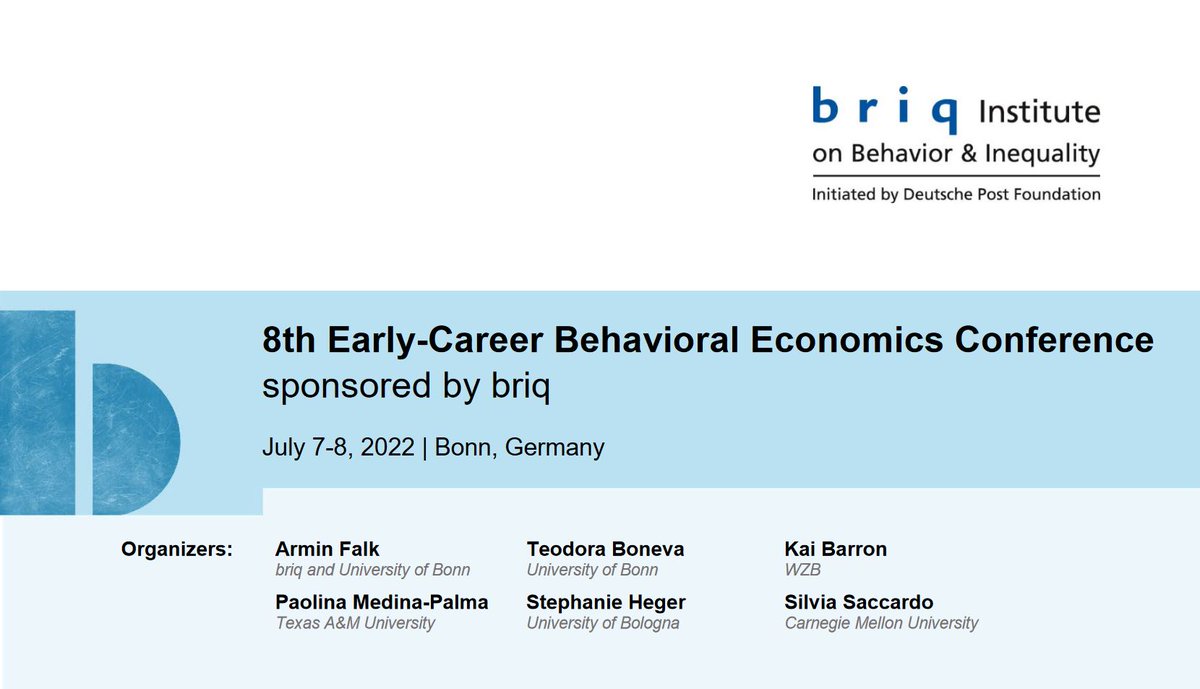 The 8th Early-Career Behavioral Economics Conference (ECBE) is kicking off today featuring sessions on:
👉 Beliefs, Memory and Narratives
👉 Moral Behavior
👉 Media and Communication
👉 Preferences and Social Influence
👉 ...

briq-institute.org/files/ECBE22_p…

Welcome to all participants!