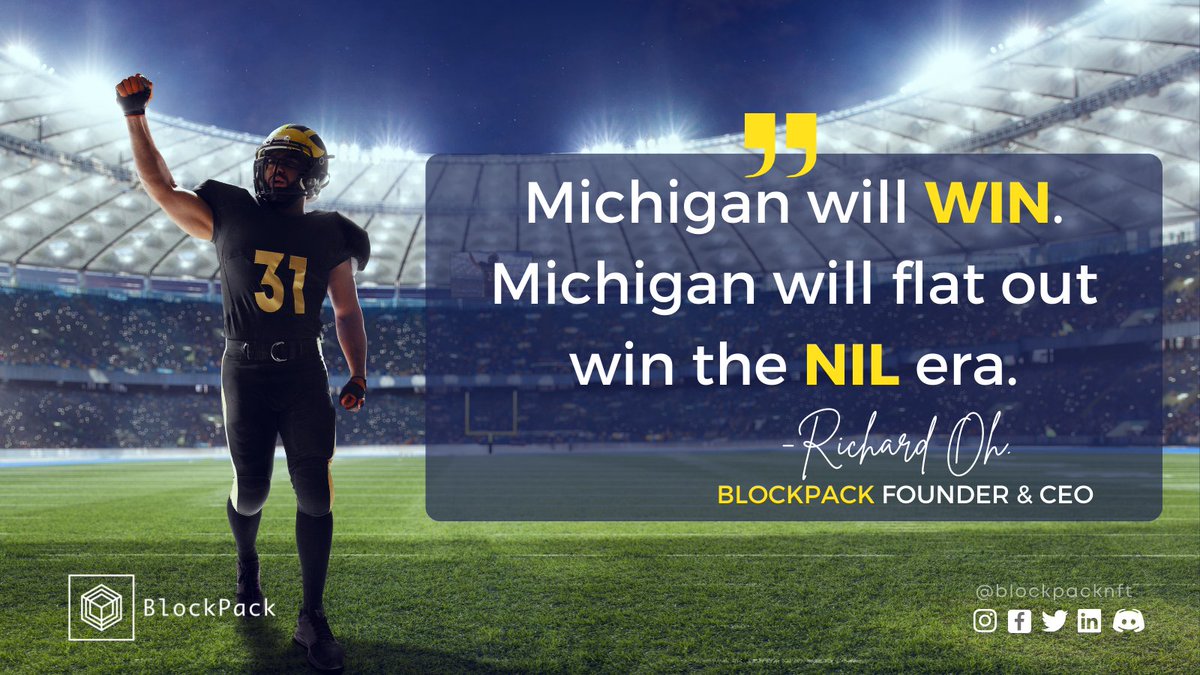 BlockPackNFT's tweet photo. "Michigan will win. #Michigan will flat out win the #NIL era."  - #BlockPack CEO and Founder Richard Oh

Michigan will win big with recruits in an NIL-era by engaging the power of its fan base...

Read more about it from https://t.co/twI2zOu3SJ:
https://t.co/zqMXNYtdqg https://t.co/mQyHYxN3Dv
