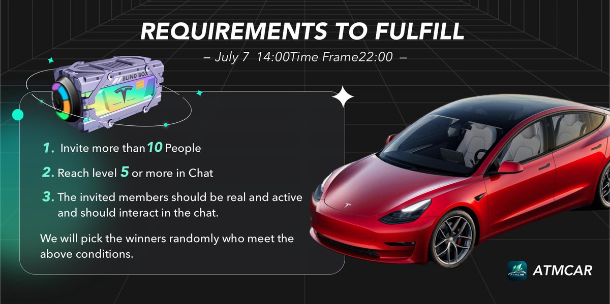 atmcarofficial's tweet photo. Today 50 Blind Boxes will be airdropped randomly to the lucky ones
More Chance to Launch Tesla Model 3 Real Car in it.
https://t.co/sy04tGYlnM https://t.co/707U6JJ2t6