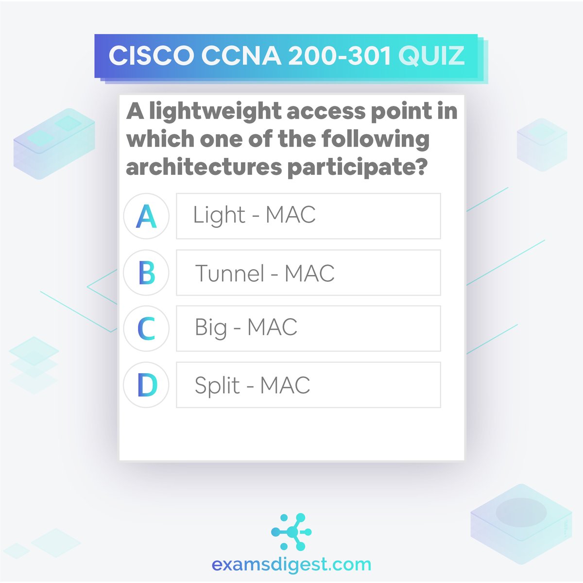 ExamsDigest's tweet photo. #CCNAprep: Today's question comes from Cisco CCNA, can you crack it? Let us know how you did in the comment section below!
#Cisco #CiscoCCNA #NetworkEngineer #certification #datacenter https://t.co/MvawS4lQK4