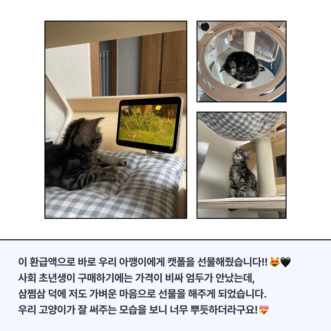 [삼쩜삼 환급후기]
작년에 졸업한 사회초년생 고객님께서 삼쩜삼에서 총 328,400원 환급받고 아깽이에게 캣폴을 선물했다는 사연을 보내주셨삼!😻 
힘든 목요일 귀여움으로 탐라정화해보삼..💕

이 고객님처럼 알바 많이 해본 트친님덜~ 
환급액 조회 꼭 해보삼!!👉bit.ly/3bShTPV