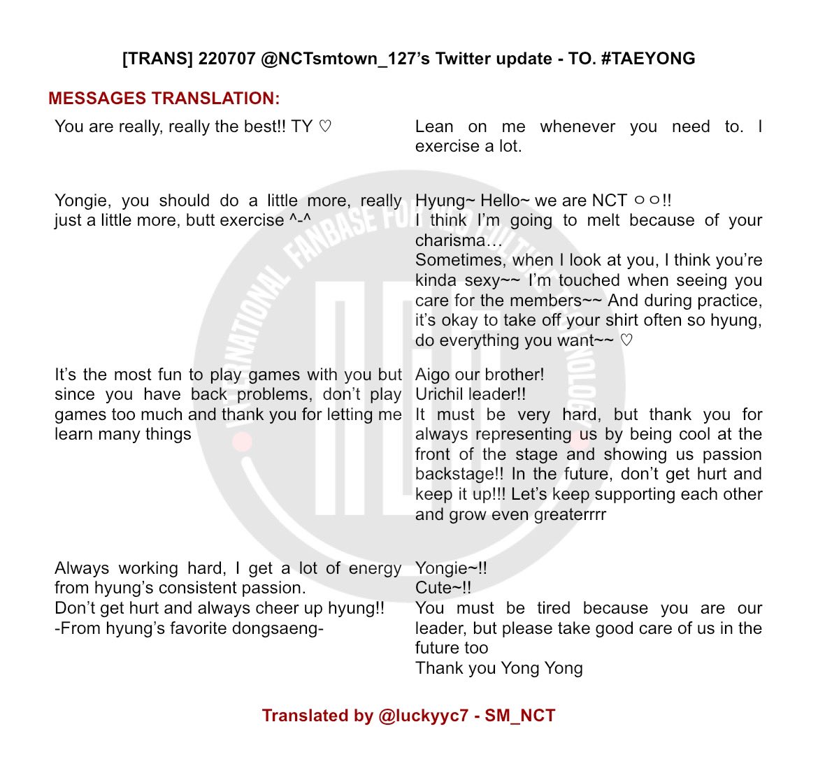 SM_NCT's tweet photo. [TRANS] 220707 @NCTsmtown_127’s Twitter update - TO. #TAEYONG

Translated by @luckyyc7 - SM_NCT https://t.co/YNwruR2uHn