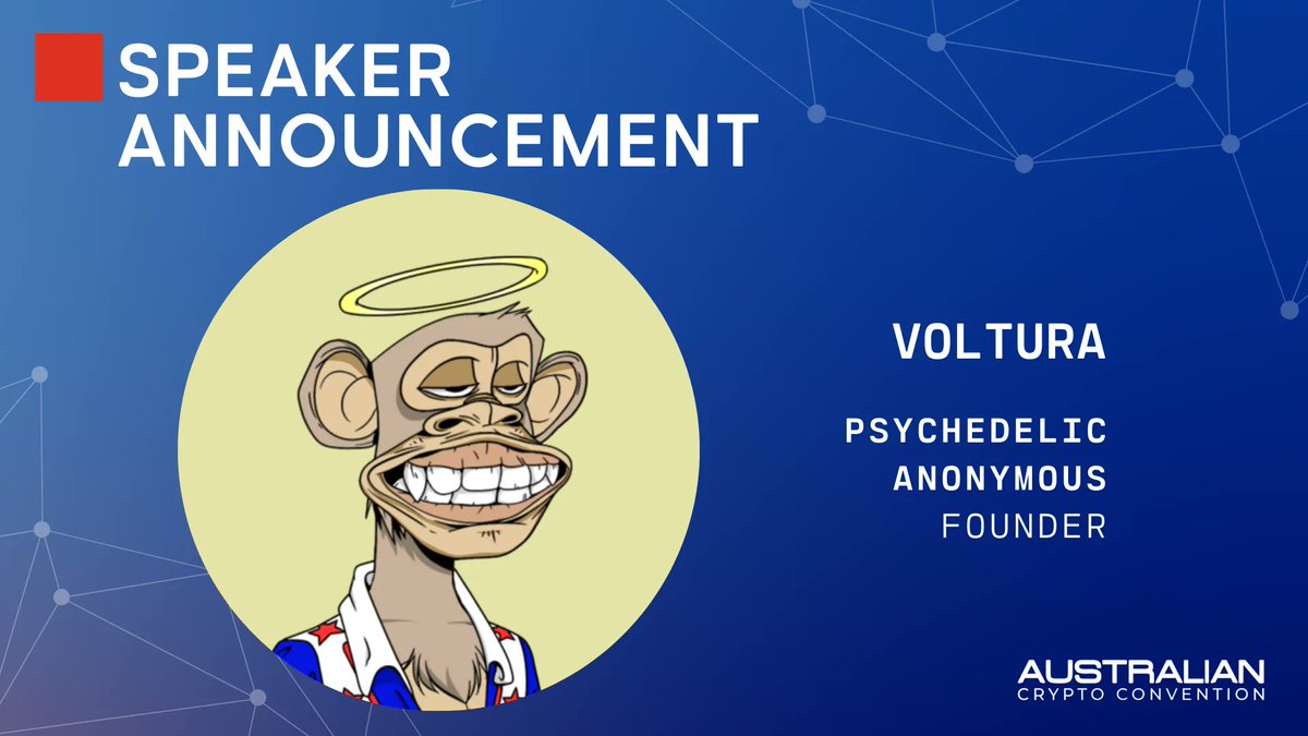 CryptoConANZ's tweet photo. Please welcome Voltura also known as @BAYC2745 to our list of speakers for the event!

Voltura is the founder of @psychedlic_nft and will be speaking at this years #auscryptocon.

Keep an eye out for session details which are going live on our website very soon! https://t.co/j1dRlY1kXz