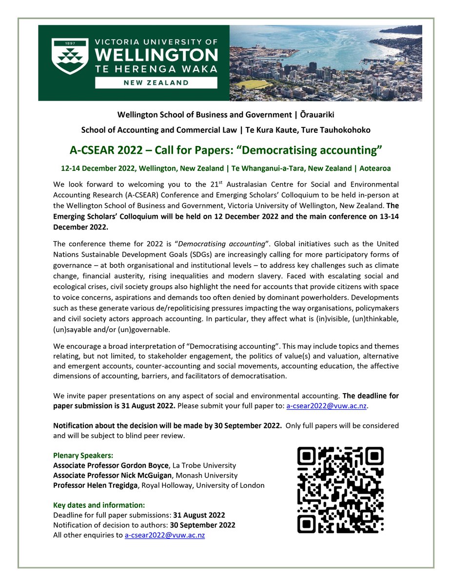 AARN (@aarnetwork) on Twitter photo The School of Accounting and Commercial Law, <a href="/WellingtonUni/">WellingtonUni</a>, invites you to A-CSEAR 2022, in-person in Wellington, New Zealand: 12 Dec 2022 (ESC) and 13-14 Dec (conference). Theme: Democratising Accounting. Paper subs. now open, closing 31 August 2022. @DrSendirella <a href="/YinkaKMoses/">Olayinka Moses</a> The School of Accounting and Commercial Law, <a href="/WellingtonUni/">WellingtonUni</a>, invites you to A-CSEAR 2022, in-person in Wellington, New Zealand: 12 Dec 2022 (ESC) and 13-14 Dec (conference). Theme: Democratising Accounting. Paper subs. now open, closing 31 August 2022. @DrSendirella <a href="/YinkaKMoses/">Olayinka Moses</a>