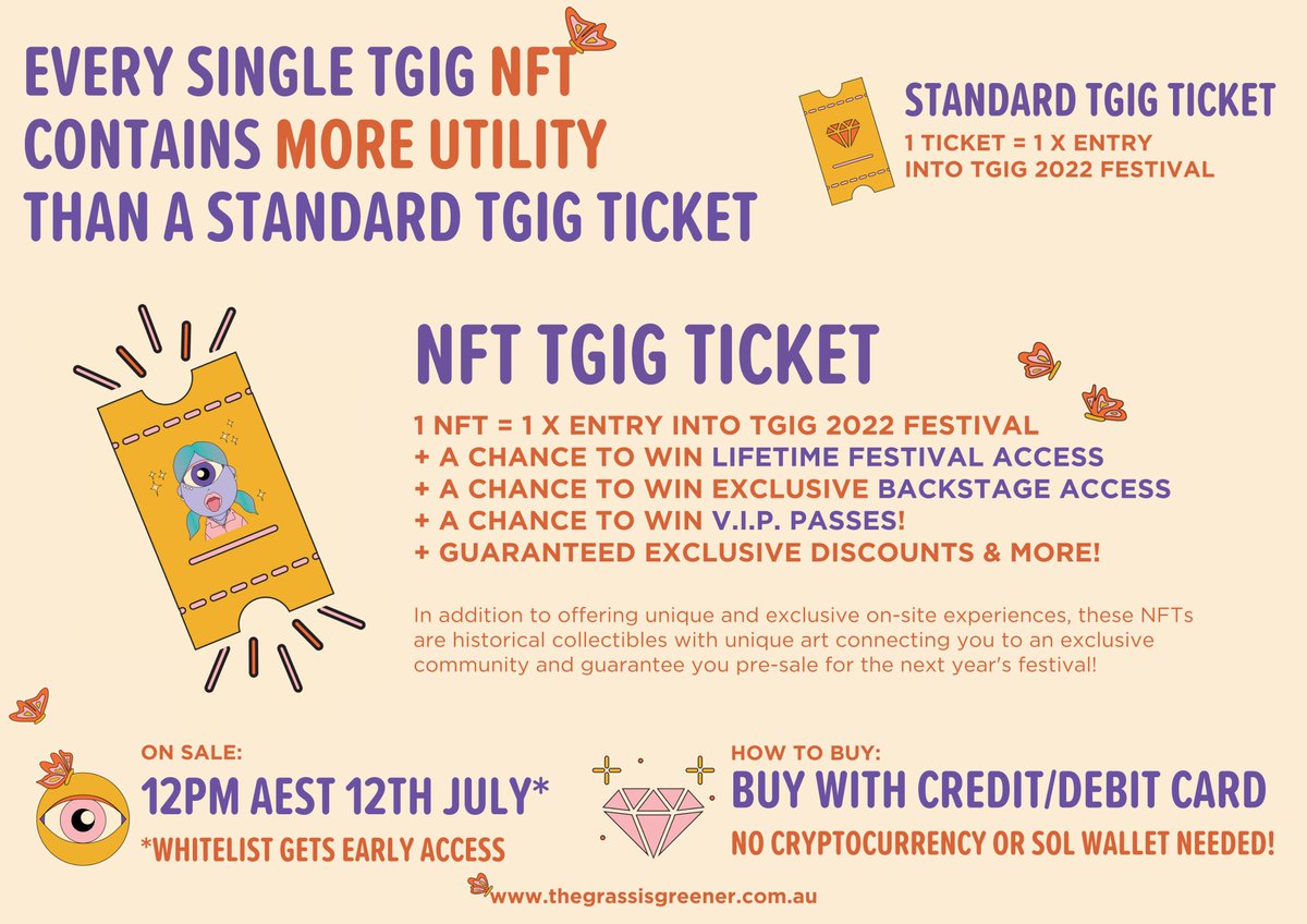 TGIGFestival_'s tweet photo. TGIG NFTs are only $299 AUD and get you;
✅TGIG '22 Festival Entry plus the chance to win...
✅LIFETIME or VIP or BACKSTAGE PASS (incl. artist meet &amp; greet) &amp; so much more! 🤯
📅When? 12pm AEST 12th July!
🤔How? Buy via our website!
👍No crypto needed! Buy with credit/debit card! https://t.co/jt76tsbbl8