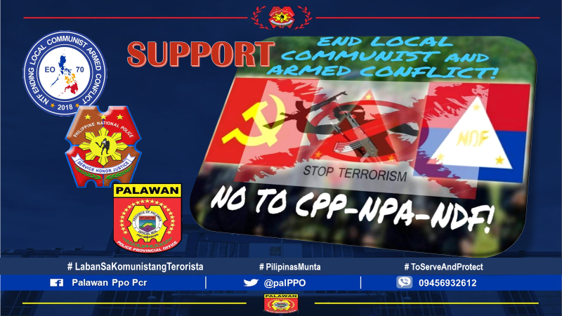 PalPPO's tweet photo. "Anti-Terrorism Campaign"
Support NTF-ELCAC!!!
#labansakomunistangterosrita
#PNPKakampiMo
#ToServeandProtect
Police Regional Office Mimaropa https://t.co/23rMGeWQ69