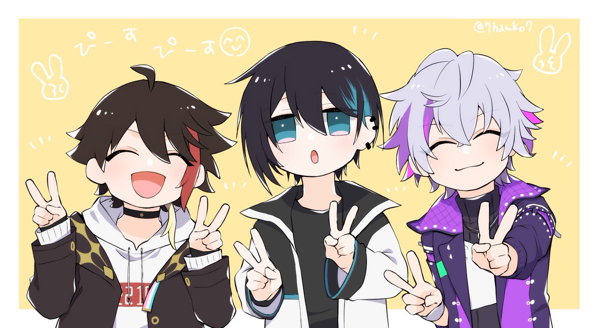 streaked hair 3boys jacket black hair ^ ^ double v male focus  illustration images