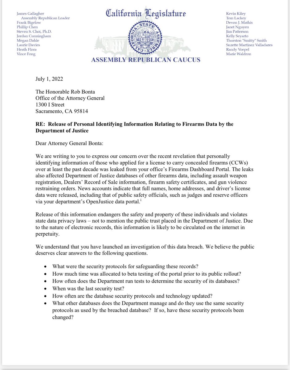 HeathFloraCA's tweet photo. On July 1st the entire CA Assembly GOP Caucus signed a letter addressed to AG Rob Bonta. Our letter is demanding answers on the unacceptable leak of private data of California citizens who applied for CCWs in the last decade. 

You can read our letter in full below: https://t.co/pSALAnzMz8