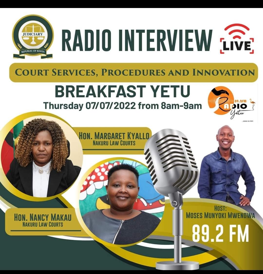 Hon. Nancy Makau &amp; Hon. Margaret Kyallo will be on ⁦Radio Yetu 89.2 fm to discuss court services, procedures and innovation at Nakuru Law Courts. Tune in from 8am - 9am.
