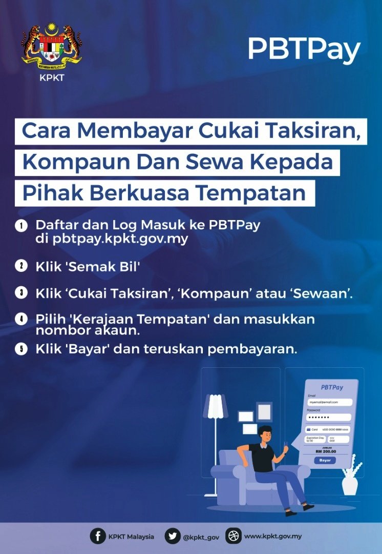 PBTPay: KINI LEBIH MUDAH UNTUK BAYAR CUKAI TAKSIRAN, KOMPAUN &amp; SEWA

Tak perlu lagi hadir dan beratur untuk membayar cukai. Gunakan aplikasi PBTPay untuk semak dan bayar kerana ianya lebih cepat, mudah dan boleh dilakukan di mana-mana sahaja.