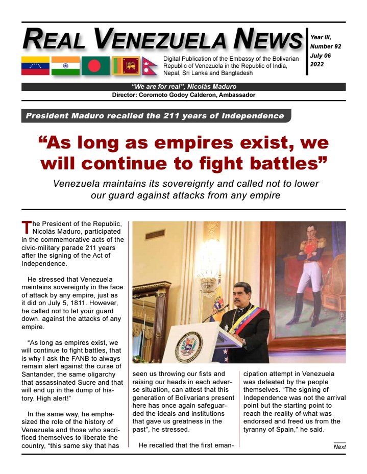 Embaveindia_ve's tweet photo. #06july | Real Venezuela News Digital Publication of the Embassy of the Bolivarian Republic of Venezuela in the Republic of India, Nepal, Sri Lanka and Bangladesh. Num. 92, July 06, 2022.
More info: https://t.co/iDQop69Eiw https://t.co/9L0VmAbCKm
