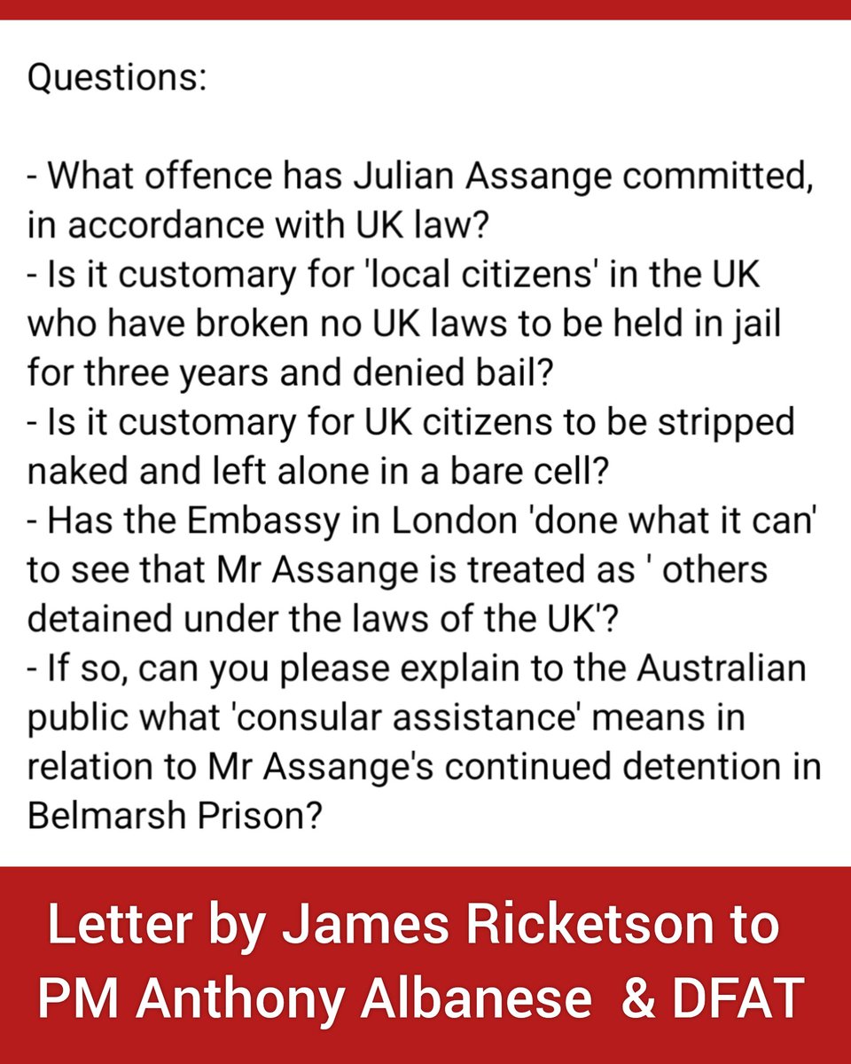 Dr_LCorredor's tweet photo. Do READ the GREAT LETTERS by Australian journalist, James Ricketson to @AlboMP @SenatorWong - regarding the supposed "Consular Assistance" provided to #JulianAssange in @hmpbelmarsh , London 👏
https://t.co/p7h3ysfXk0
#FreeAssange #NoExtradition
@IthakaMovie @StellaMoris1 https://t.co/KD3tRzN5Yn