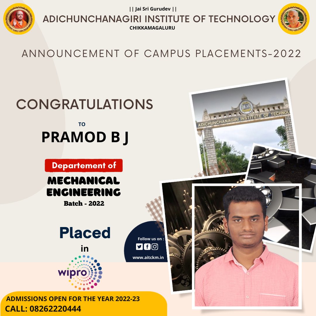 AITChikmagalur's tweet image. || Jai Sri Gurudev ||

.
.
Congratulations to Pramod B J
Wishing you the best and plenty of success in your placement.
.
.
aitckm.in
.
.
.
#MechnicalEngineering #AIT #AITEngineeringCollege #EngineeringCollege #TopPlacementCollegeforMechanical #Mechnical