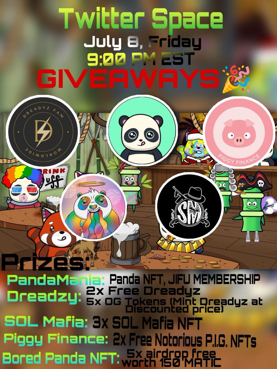 Want to win $100 in ETH, Panda NFT, JIFU TRAVEL MEMBERSHIP and 10k EXTRA PANDA TOKENS? 🎉👀

1. FOLLOW <a href="/PandaMania_NFT/">PandaMania</a>
<a href="/dreadyzfam/">⚡️DREADYZ</a> 
<a href="/SOLMafiaNFTs/">SOL Mafia ⭕️</a> 
<a href="/boredpanda_nft/">Bored Panda NFT | Public Mint</a> 
<a href="/Piggy_Fi/">Piggy token</a> 

2. RETWEET + TAG 3

3. Set reminder for &amp; BE IN THE SPACES BELOW ⬇️

x.com/i/spaces/1gqGv…
