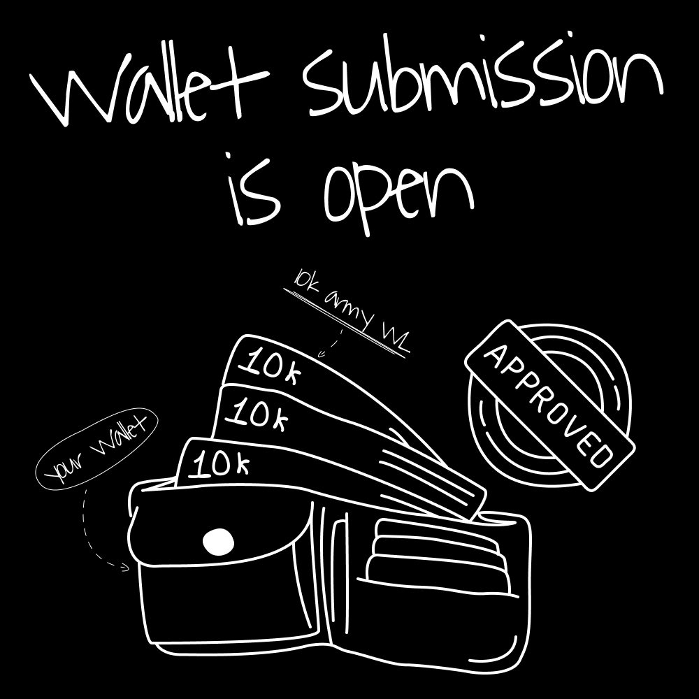 WALLET SUBMISSION IS NOW OPEN

JOIN DISCORD: DISCORD.GG/10karmy