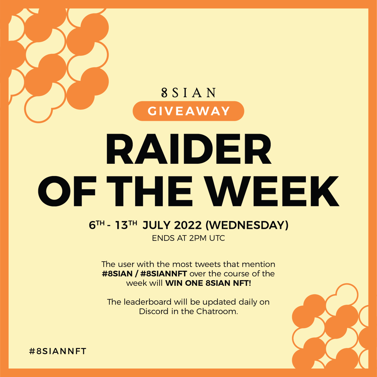 8sianMagazine's tweet image. Show us your love for #8SIAN over this week (6th July - 13th July) and stand a chance to win an #8SIANNFT.

A leaderboard will be posted daily on Discord to show the front runners!

Let's show the world how amazing our fam is!