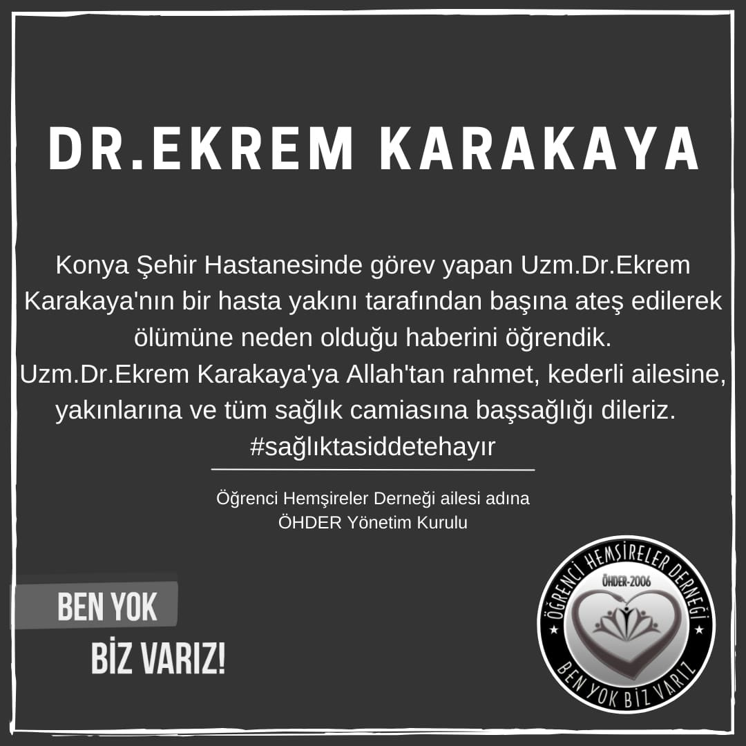 ohderizu's tweet photo. Konya Şehir Hastanesşnde görev yapan Uzm. Dr Ekrem Karakaya’nın bir hasta yakını tarafından başına ateş edilerek ölümüne neden olduğu haberini öğrendik. 
Uzm. Dr.Ekrem Karakaya’ya Allah’tan rahmet, kederli ailesine, yakınlarına ve tüm sağlık camiasına başsağlığı dileriz. https://t.co/XW5dSYp1ja