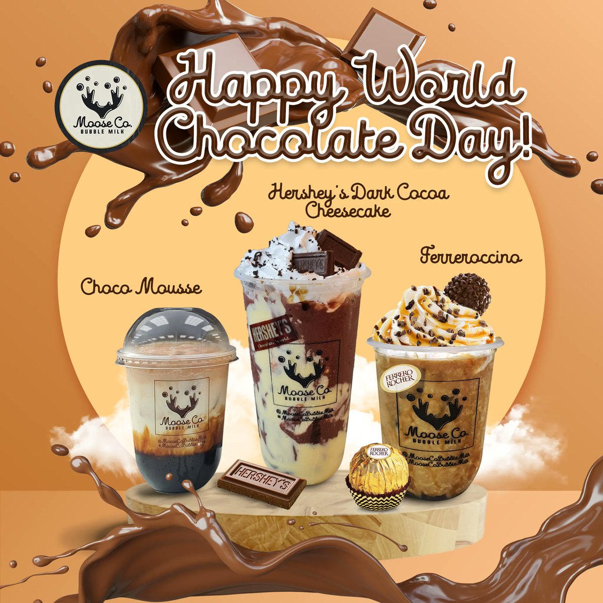 moosecobubble's tweet photo. ✨𝗛𝗮𝗽𝗽𝘆 𝗪𝗼𝗿𝗹𝗱 𝗖𝗵𝗼𝗰𝗼𝗹𝗮𝘁𝗲 𝗗𝗮𝘆!✨ Satisfy your sweet tooth with MooseCo's chocolatey delights available in these drinks:

🍫🧋Choco Mousse
Medium - P130 / Large - P160 / Mega - P210

🍫🧋Hershey's Dark Cocoa Cheesecake
Medium - P140 / Large - P180 / Mega - P230 https://t.co/7aFuws33tb