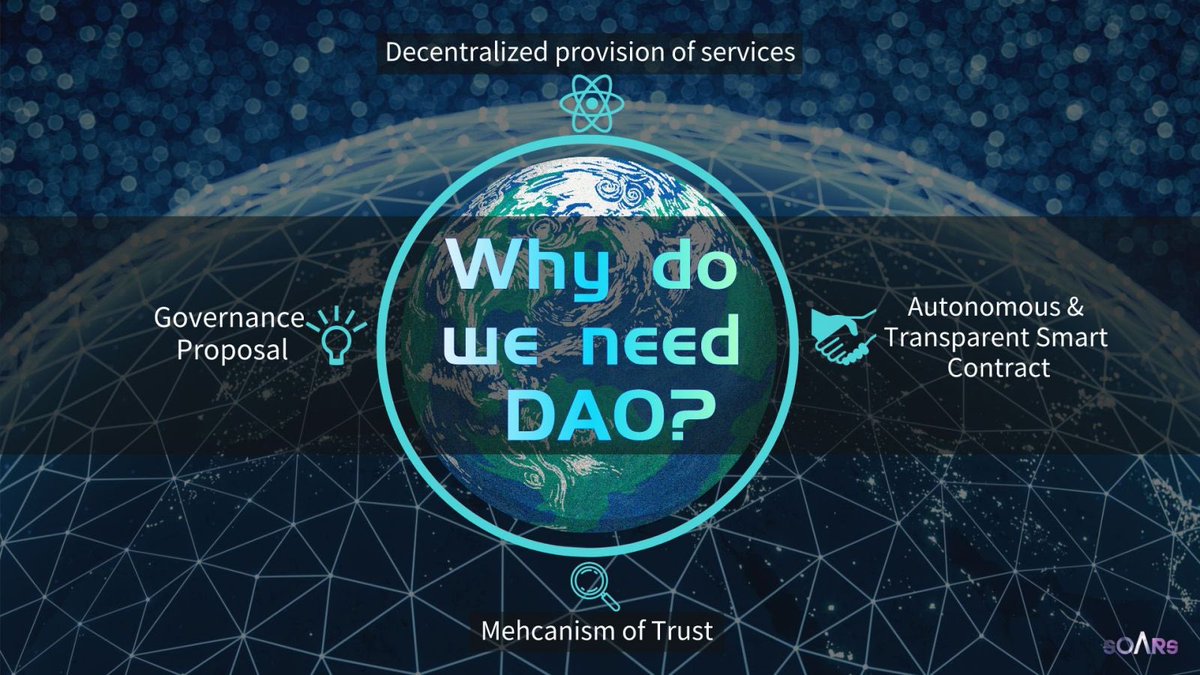 SoarsCommunity's tweet photo. So now, what can we do with DAO? What’s the differences between DAO &amp; Traditonal Organization ?

#dao #blockchain #nft #gamefi #soars #bnb #soa #bep20 #binance #trading https://t.co/4kV90zvKyj