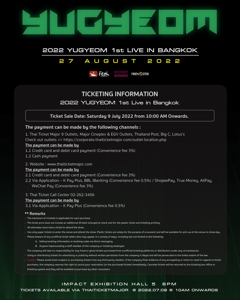 FeohThai's tweet photo. 📣 รายละเอียดการจำหน่ายบัตร  #YUGYEOM1stLiveInBKK เตรียมความพร้อมก่อนจับจองบัตรเสาร์นี้! ✨

Gear up before the ticketing starts this Saturday with more details of #YUGYEOM1stLiveInBKK  ticket sale! 💚

@yugyeom #유겸 #YUGYEOM
#AOMG #FeohThai https://t.co/vbWNvCE3mz