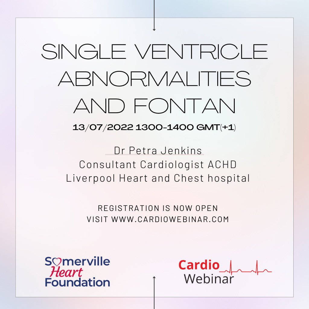 Webinar No 2 in our ACHD series “Single ventricle abnormalities and Fontan” by @DrPetraJenkins1 🗓 13/07/2022 ⏰ 1300-1400(GMT+1) Registrations 👇🏼 Cardiowebinar.com ✅ACHD ✅Certificates ✅Delivered by an expert @TheBJCA @HeartSomerville @TinLwin9 @ChengKenOng