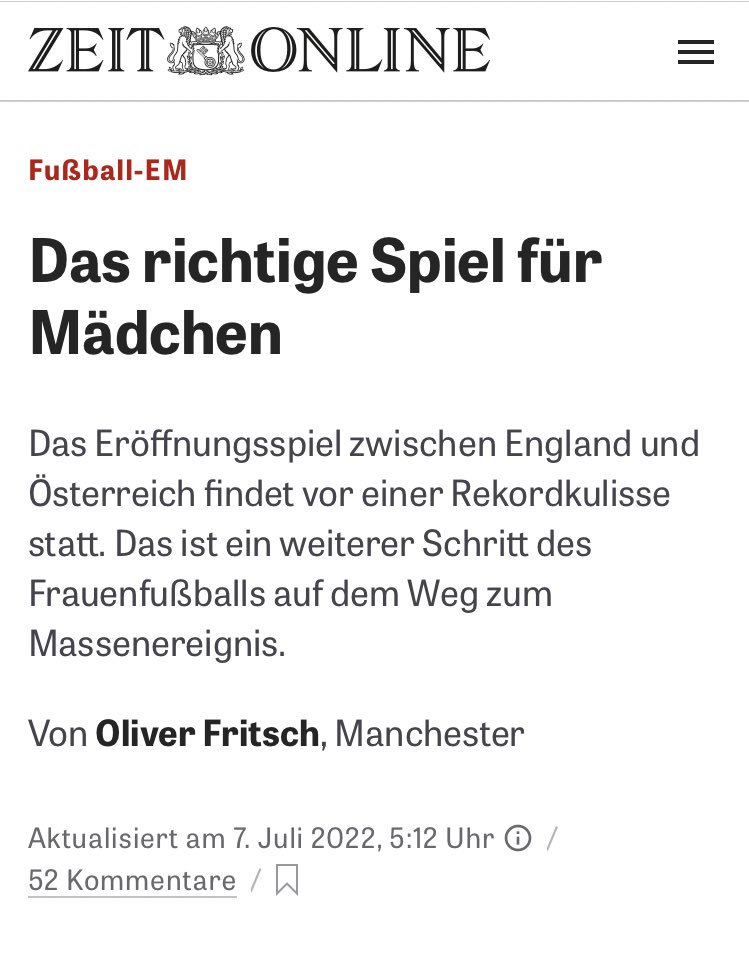 Mich machen solche Headlines so müde… 😵‍💫 Wieso, liebe <a href="/zeitonline/">DIE ZEIT</a>, lieber <a href="/OliFritsch/">Oliver Fritsch</a>, ist diese #EM2022 für „Mädchen“, während bei der anderen „Männer“ spielen? Da stehen Frauen auf dem Platz. #awomansworld