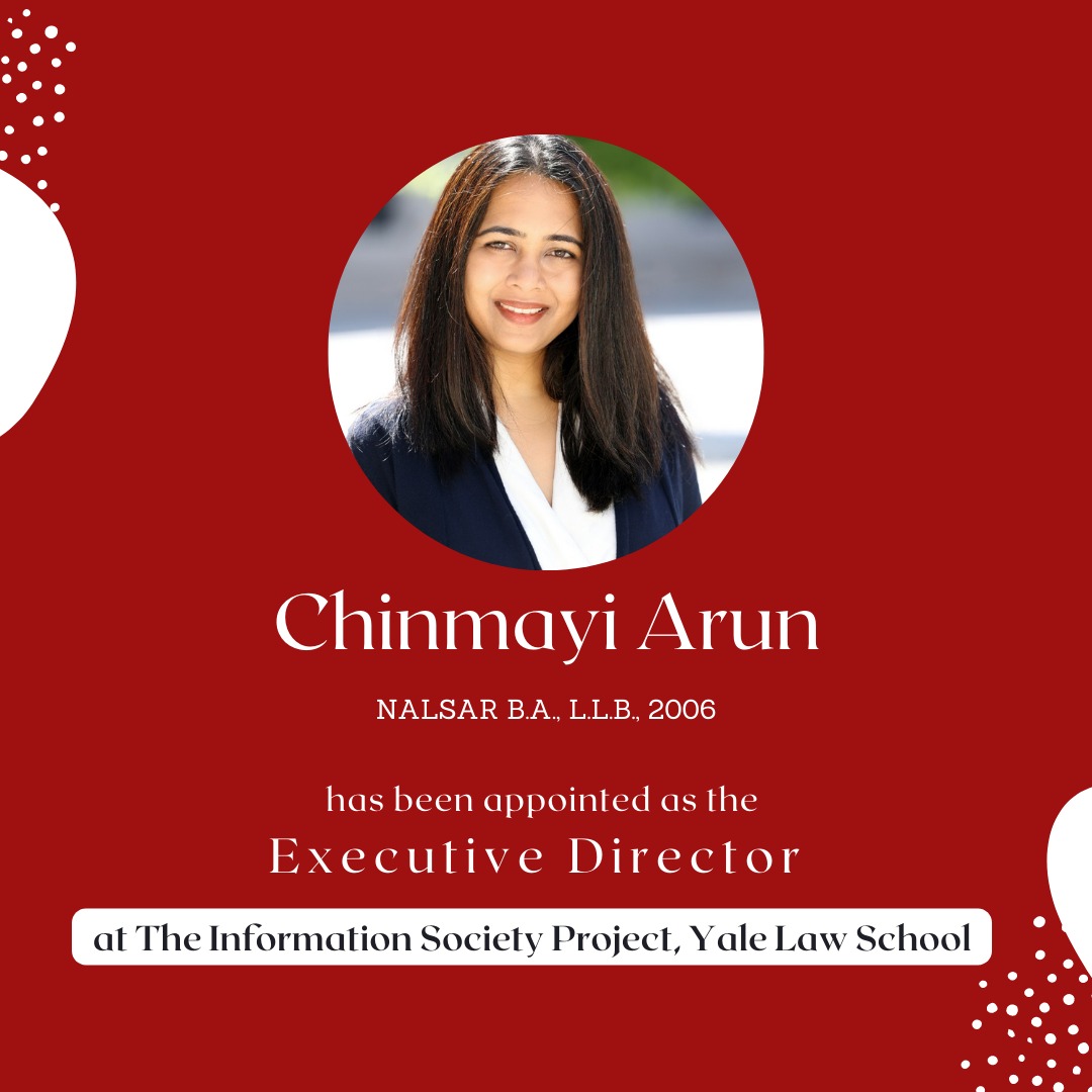 NALSAR_Official's tweet photo. We are delighted to share that @chinmayiarun (B.A., L.L.B., Class of 2006) has been appointed as the Executive Director at the Information Society Project @yaleisp. We extend our heartiest congratulations to Chinmayi and wish her the best for her future endeavours. https://t.co/OKrRk8P3Up