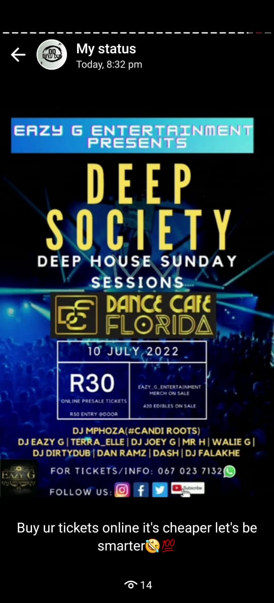 Back at it like Crack addicts this Sunday for the Best in the West Deep House Sunday Sessions at DEEP SOCIETY ft Underground to mainstream artists/djs 

Check flyer for tickets/info..Walala Wasala 

Retweet die fokken ding..See you on Sunday

#deepsociety 
#EAZY_G_ENTERTAINMENT